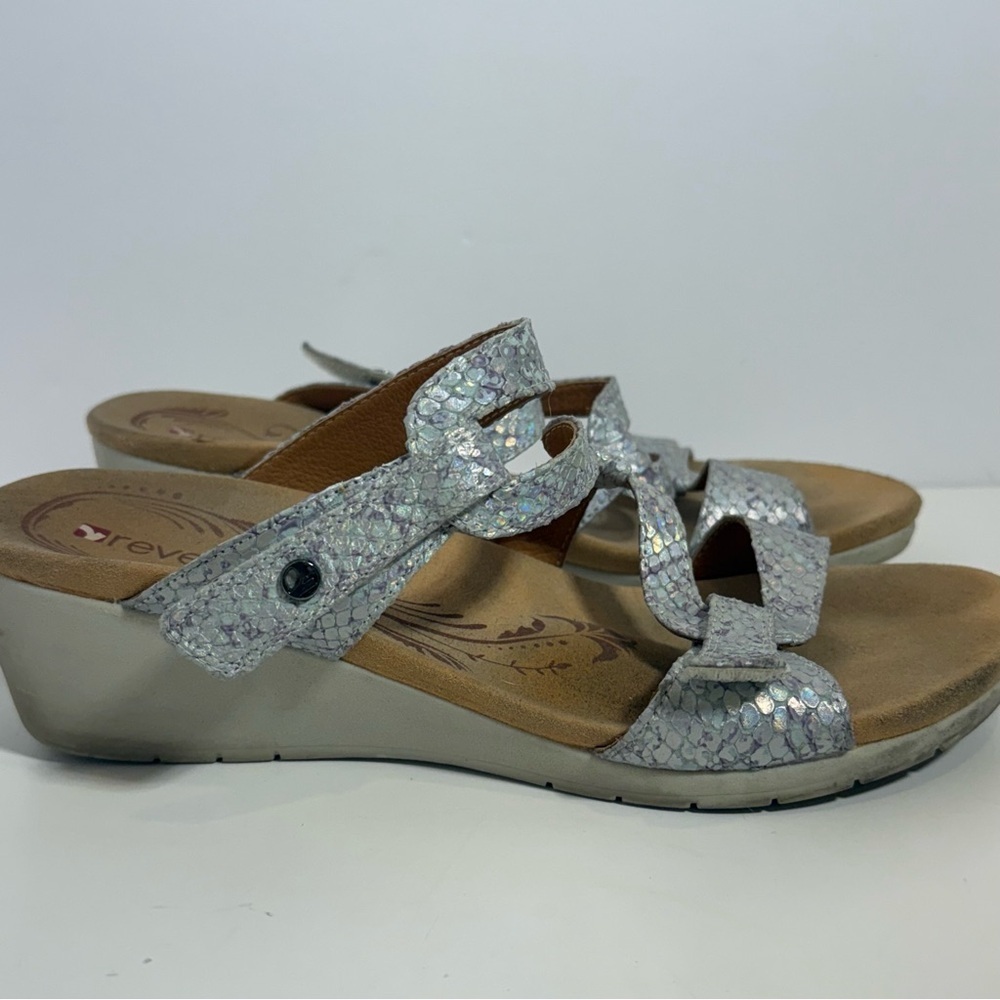 Revere Miami Peacock Python Print 8 Wide Metallic Gold Leather Comfort Sandals